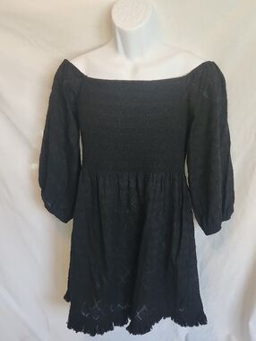 Black Off-Shoulder Smocked Mini Dress with Puff Sleeves